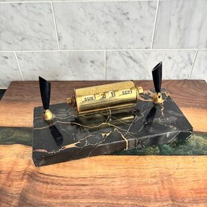 Mid Century Onyx Double Pen Holder with Brass Perpetual Calendar